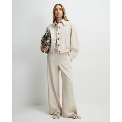Beige Linen Look Tailored Bomber Jacket