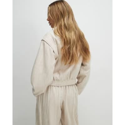 Beige Linen Look Tailored Bomber Jacket