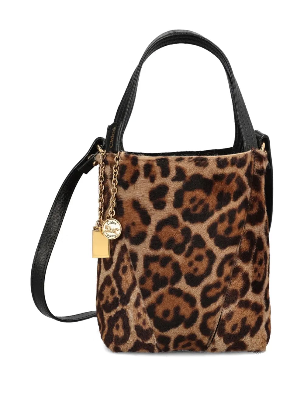 small leopard-print shearling bucket bag
