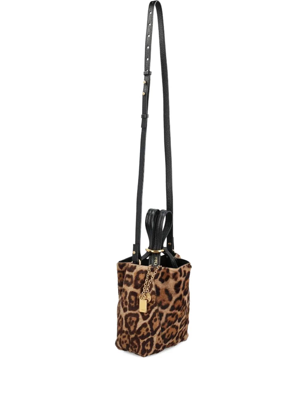 small leopard-print shearling bucket bag