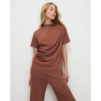 Brown Short Sleeve Drape Tunic Top