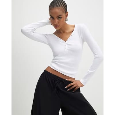 White Long Sleeve Popper Ribbed Top