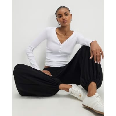 White Long Sleeve Popper Ribbed Top