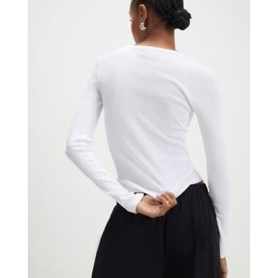 White Long Sleeve Popper Ribbed Top