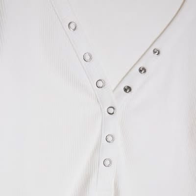 White Long Sleeve Popper Ribbed Top