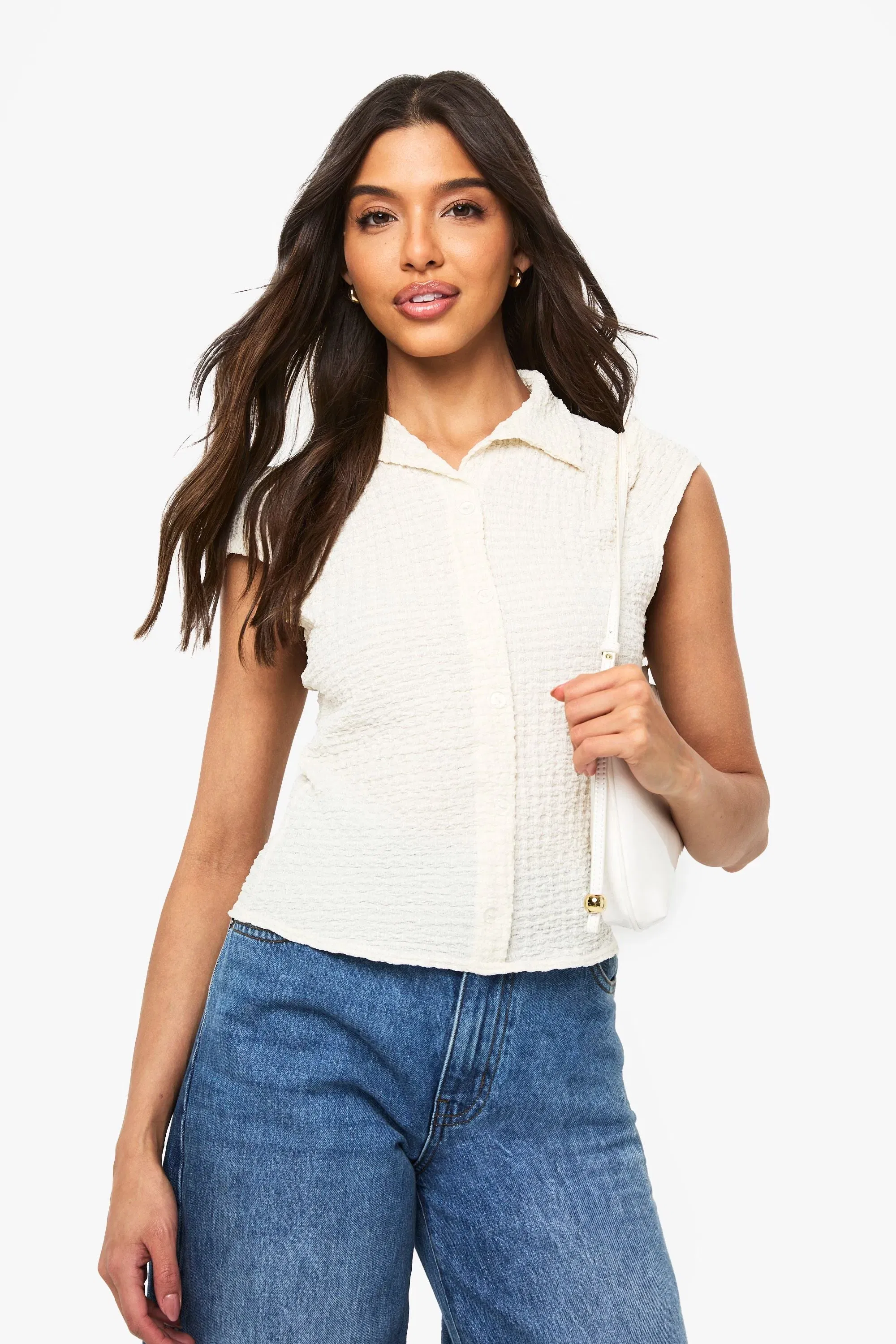 Textured Cap Sleeve Button Through Top