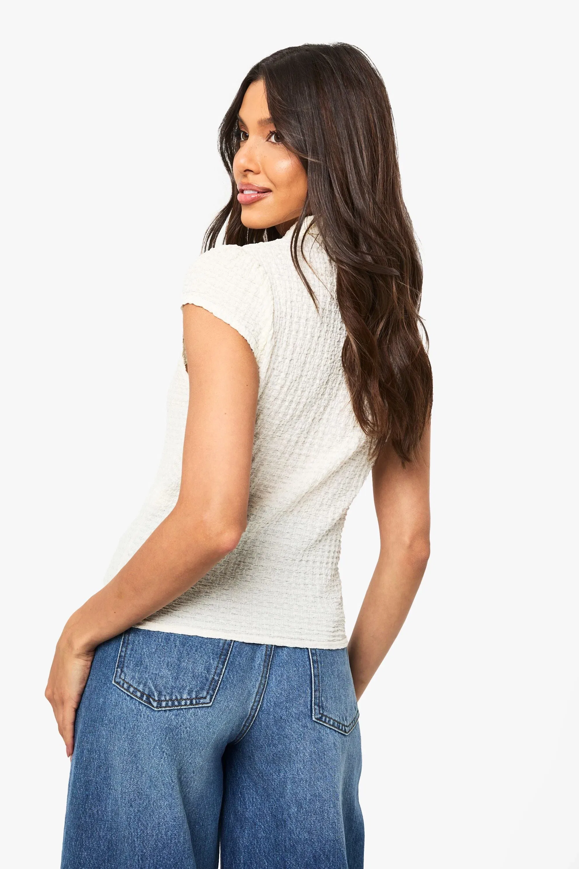 Textured Cap Sleeve Button Through Top