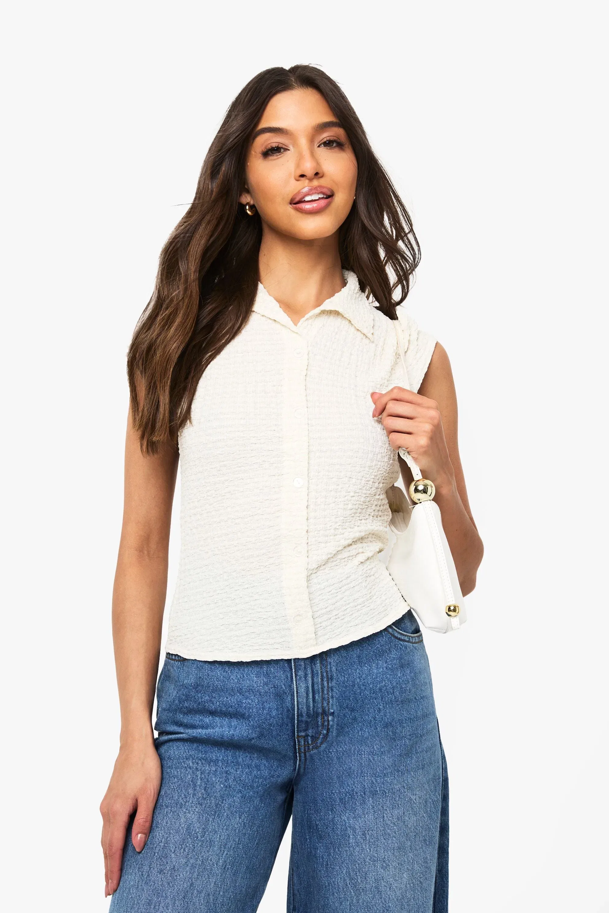 Textured Cap Sleeve Button Through Top