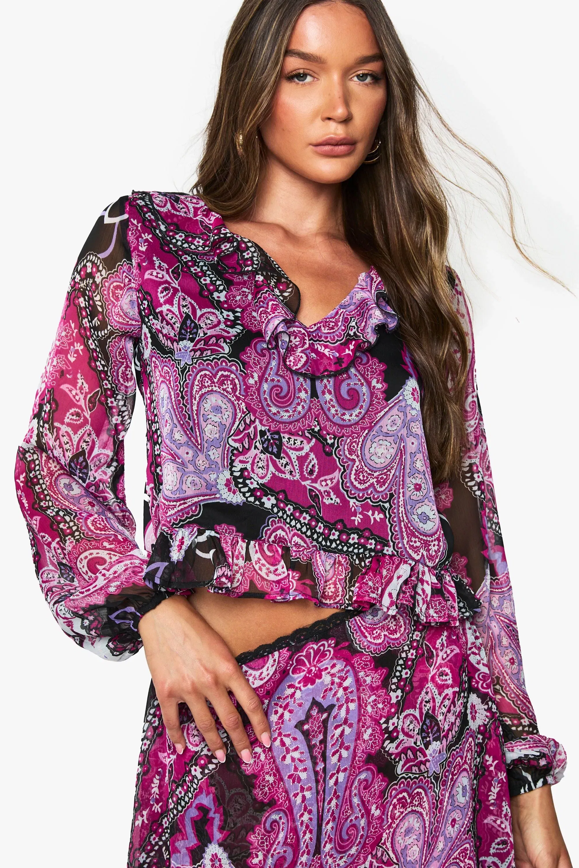 Paisley Chiffon Ruffle Blouse