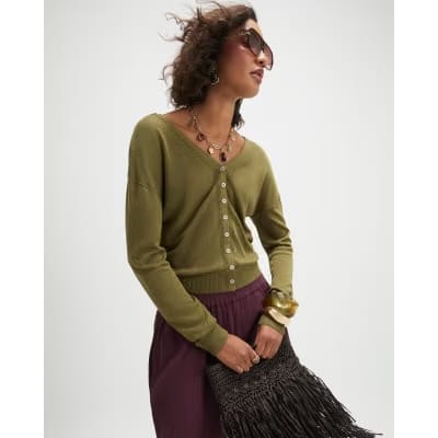 Khaki V Neck Cardigan