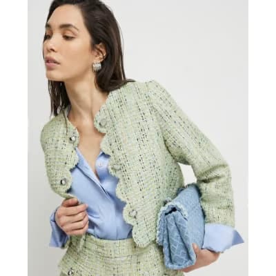 Green Scallop Trim Boucle Trophy Jacket