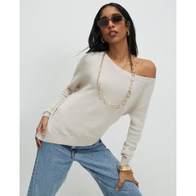 Beige Linen Blend Boat Neck Jumper