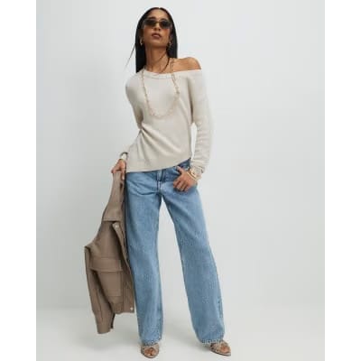 Beige Linen Blend Boat Neck Jumper