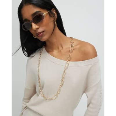 Beige Linen Blend Boat Neck Jumper