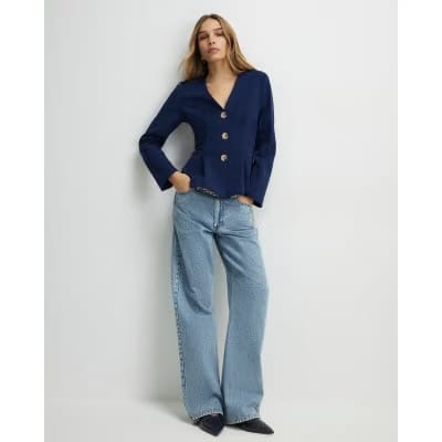 Navy Long Sleeve Pleated Jacket