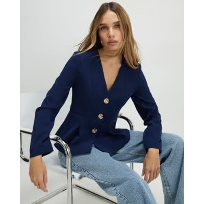 Navy Long Sleeve Pleated Jacket
