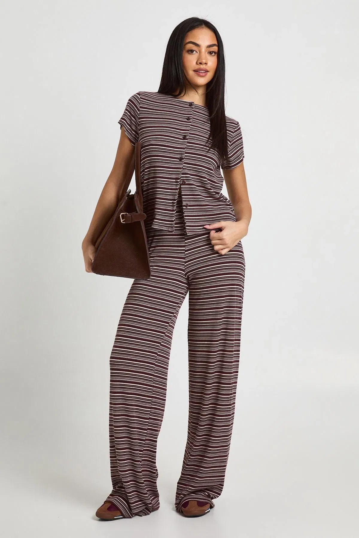 Stripe Rib Button Through Cap Sleeve Top and Trouser Set