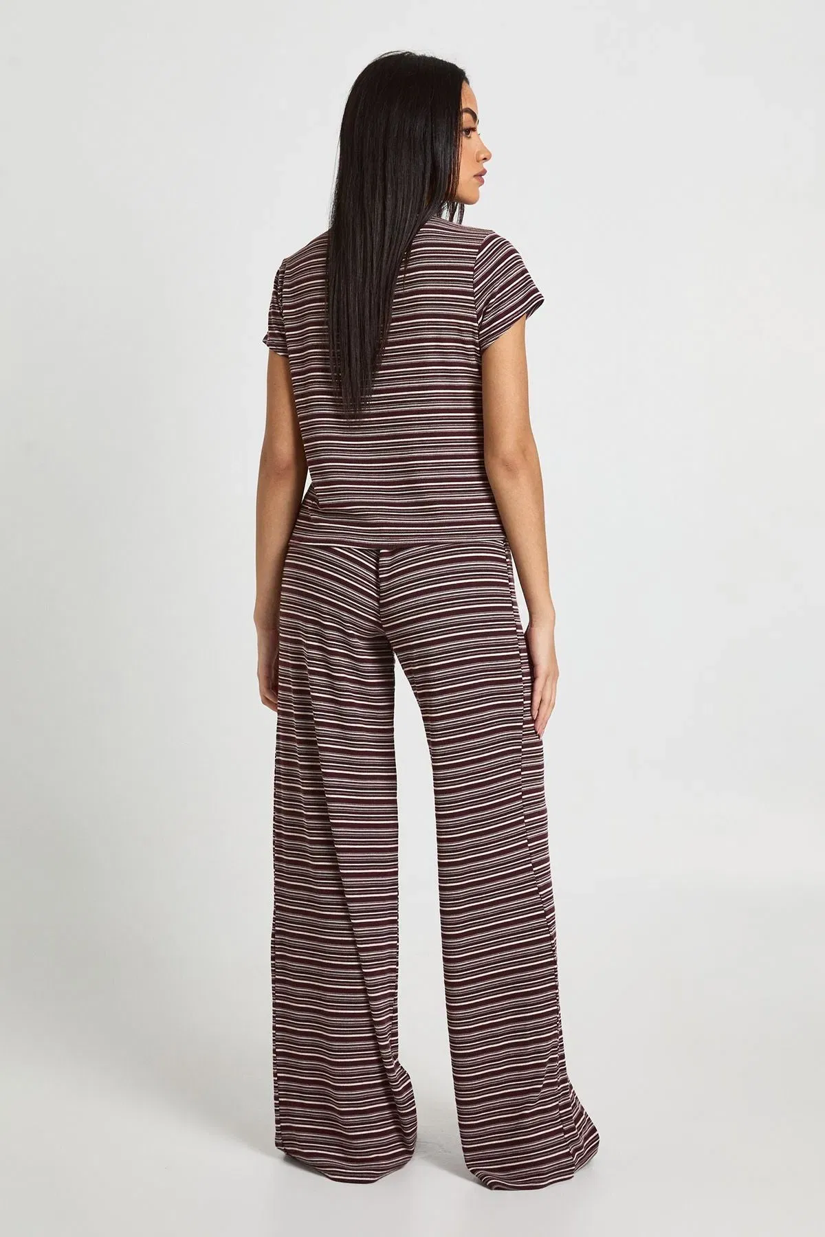 Stripe Rib Button Through Cap Sleeve Top and Trouser Set