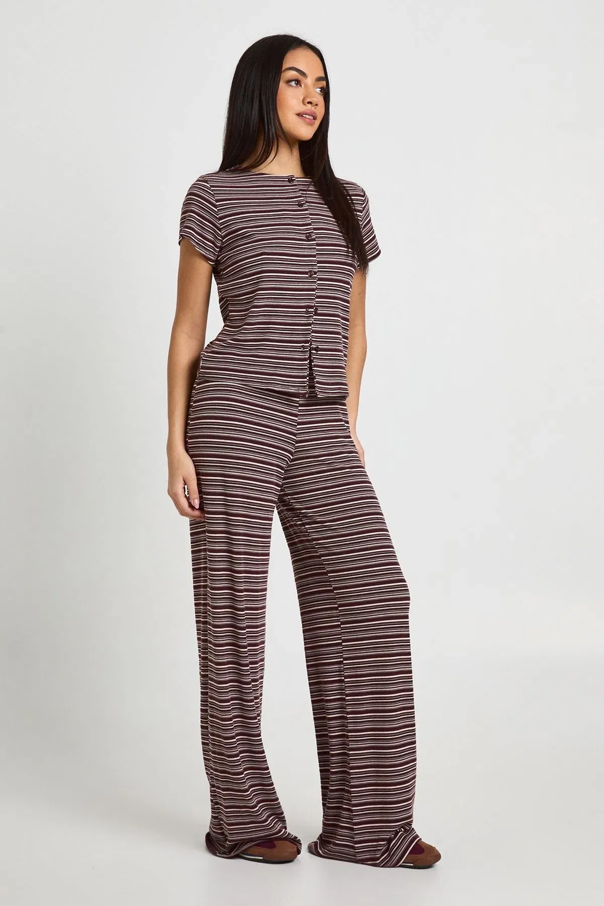 Stripe Rib Button Through Cap Sleeve Top and Trouser Set