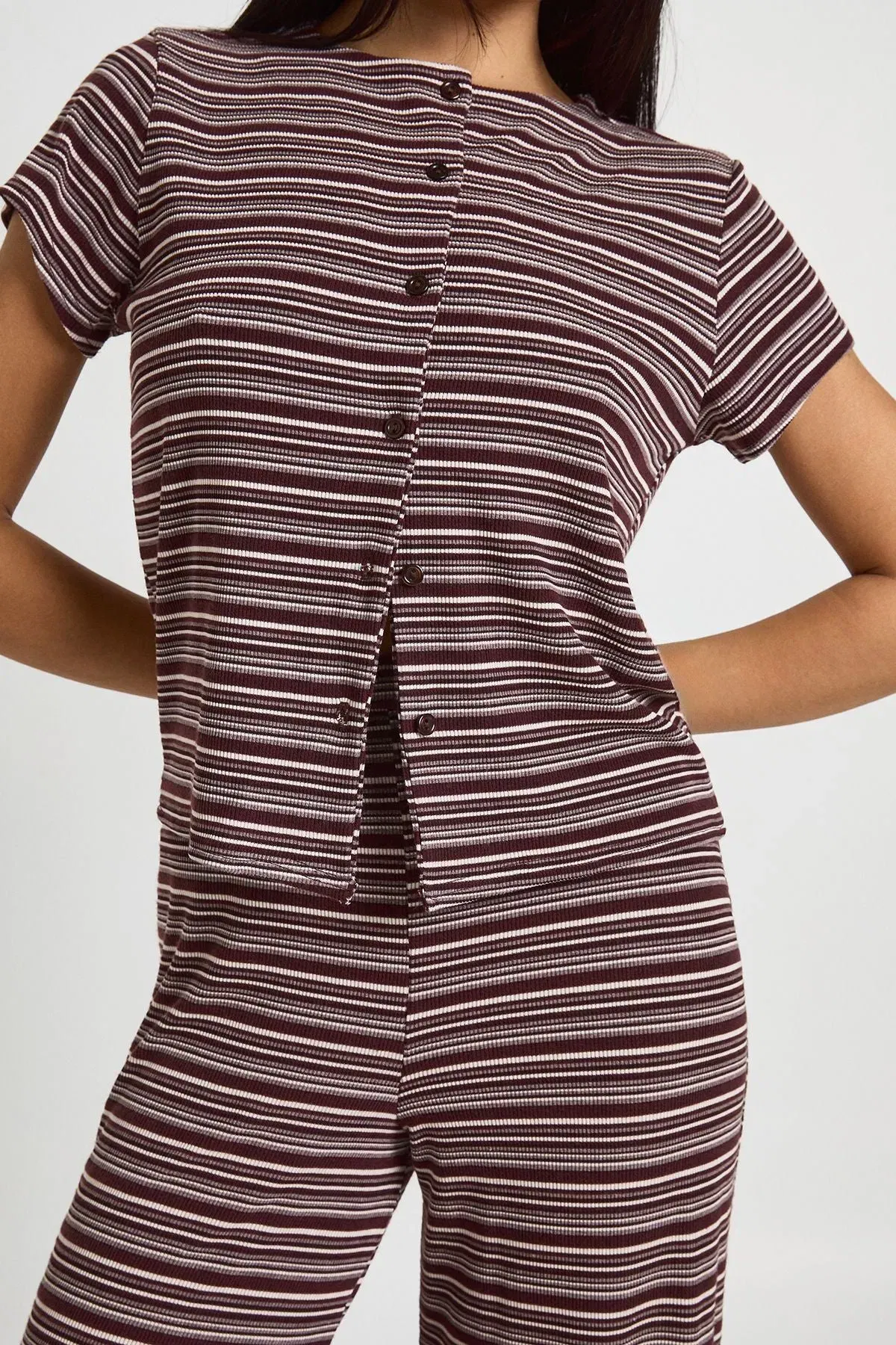 Stripe Rib Button Through Cap Sleeve Top and Trouser Set