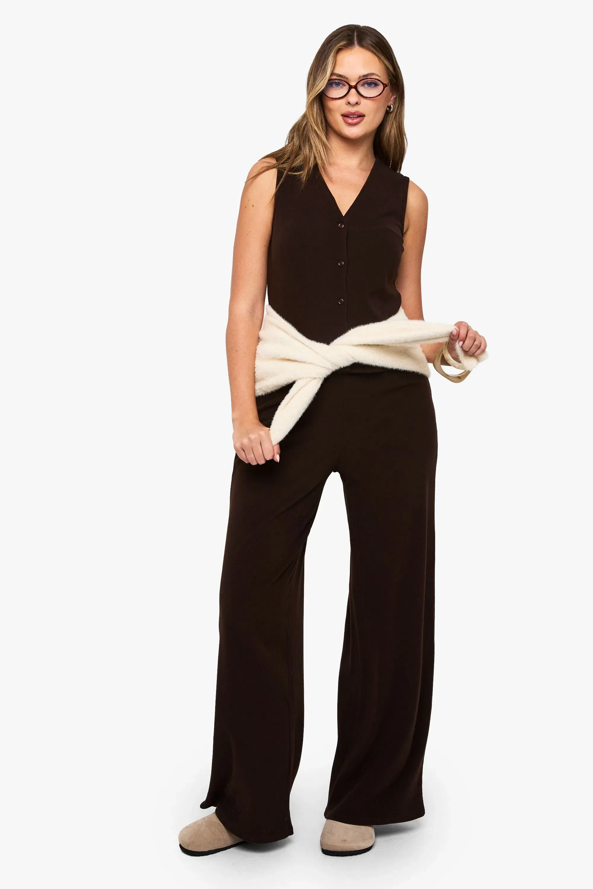 Brushed Micro Rib V Neck Button Through Waistcoat