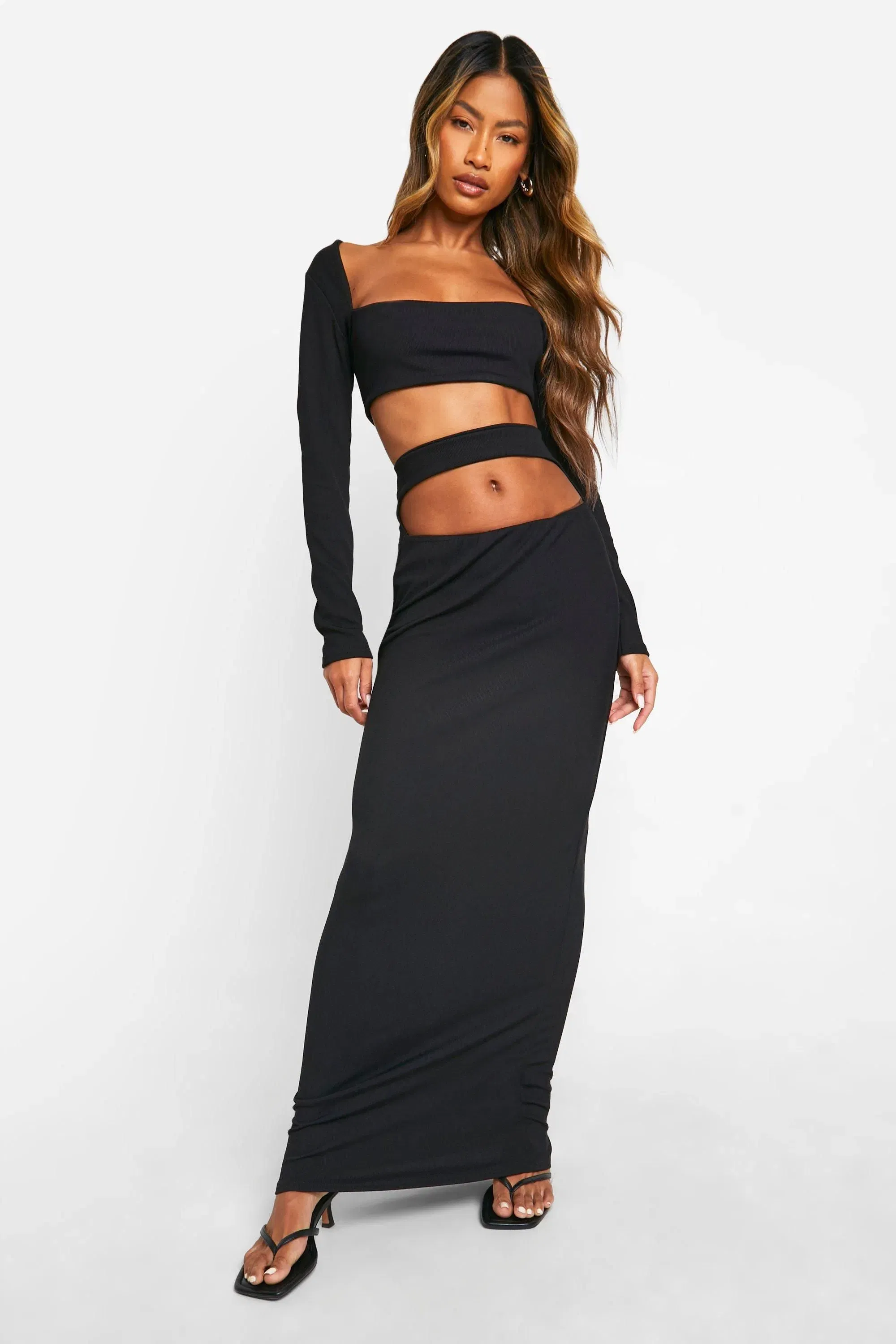 Rib Cut Out Waist Column Maxi Skirt