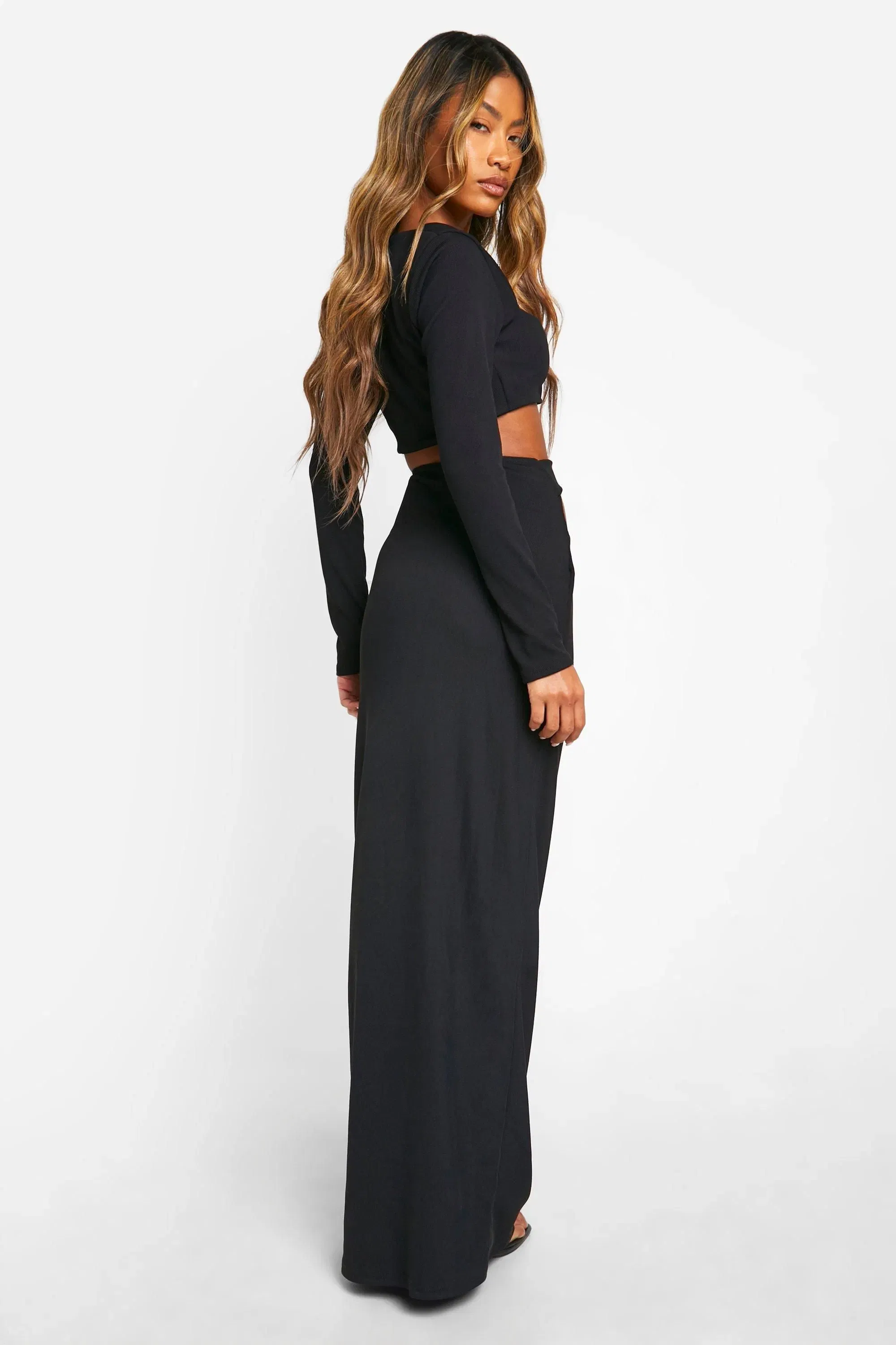 Rib Cut Out Waist Column Maxi Skirt