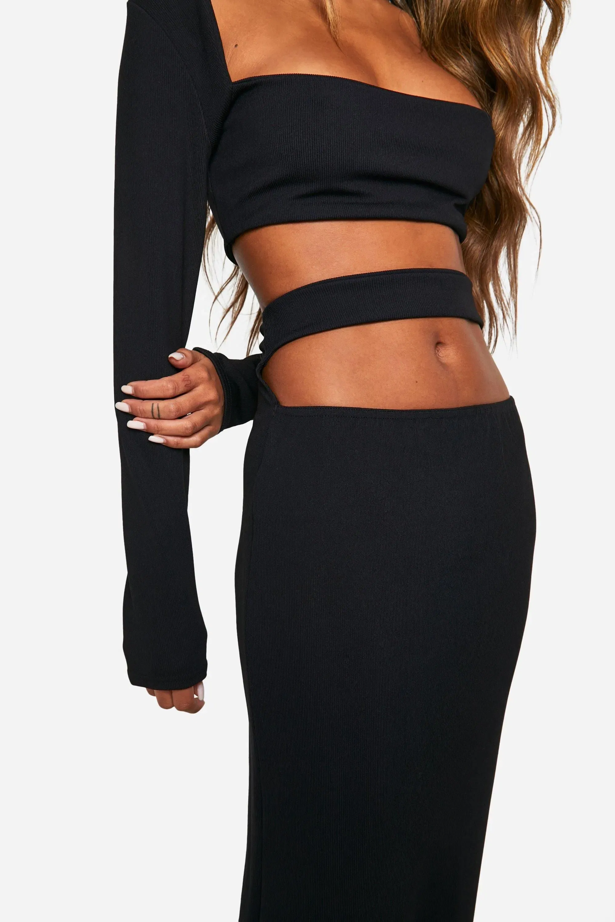 Rib Cut Out Waist Column Maxi Skirt
