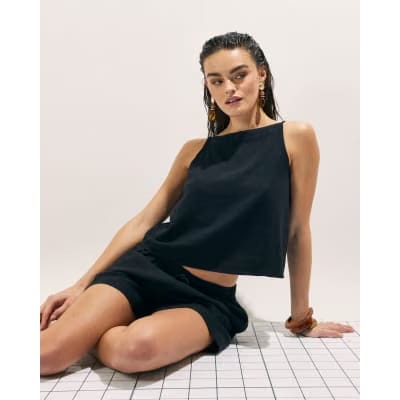 Black Linen Blend Tank Top
