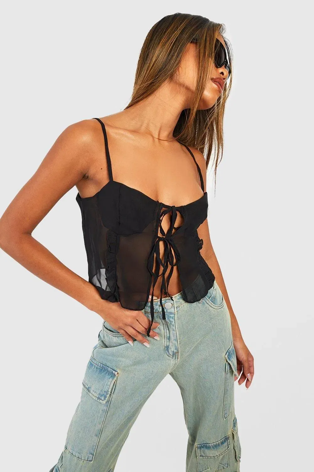 Strappy Lace Trim Tie Detail Cropped Cami Top