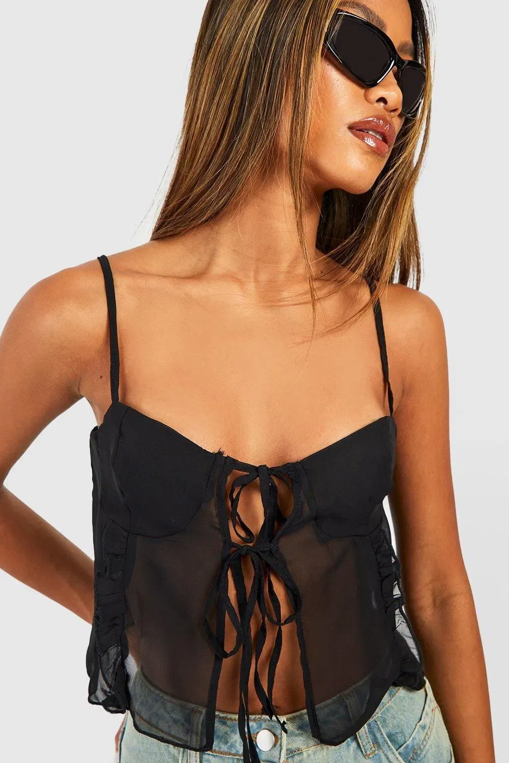 Strappy Lace Trim Tie Detail Cropped Cami Top