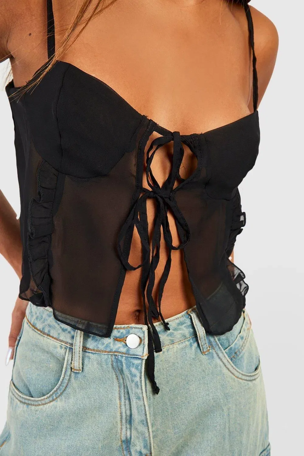Strappy Lace Trim Tie Detail Cropped Cami Top
