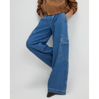 Blue Wide Leg Pleated Cargo Pocket Jeans