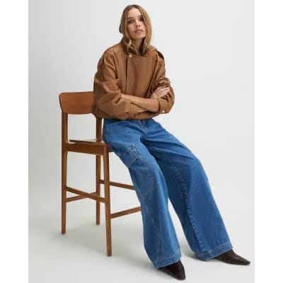 Blue Wide Leg Pleated Cargo Pocket Jeans