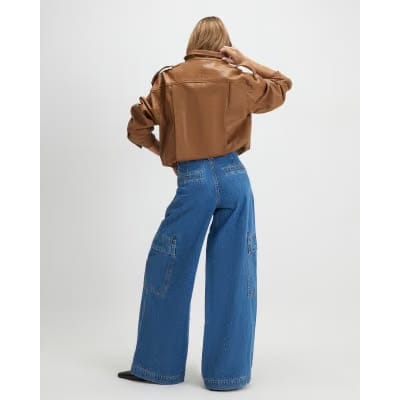 Blue Wide Leg Pleated Cargo Pocket Jeans
