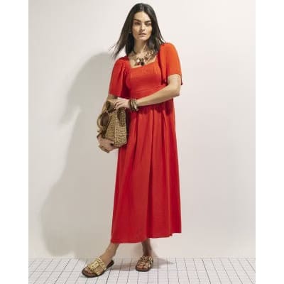 Red Linen Blend Shirred Midi Dress