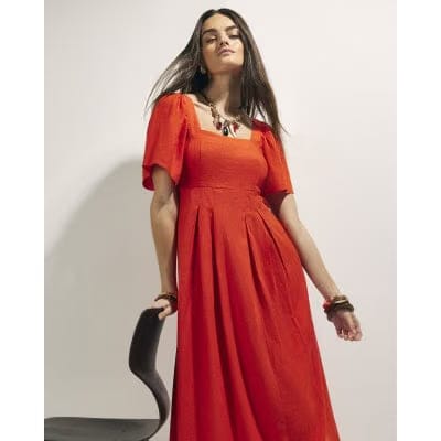 Red Linen Blend Shirred Midi Dress