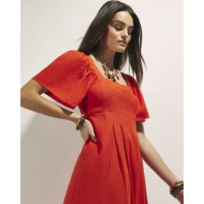 Red Linen Blend Shirred Midi Dress