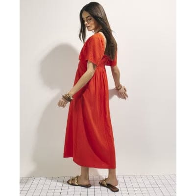 Red Linen Blend Shirred Midi Dress