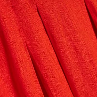 Red Linen Blend Shirred Midi Dress