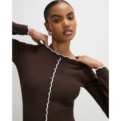 Brown Long Sleeve Scallop Trim Button Top