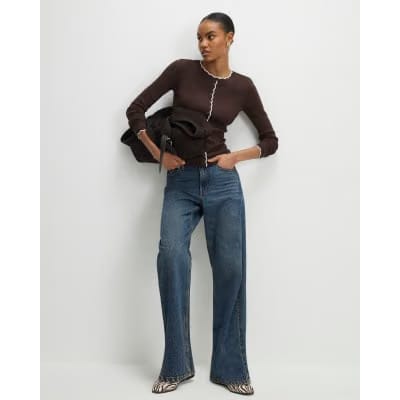 Brown Long Sleeve Scallop Trim Button Top