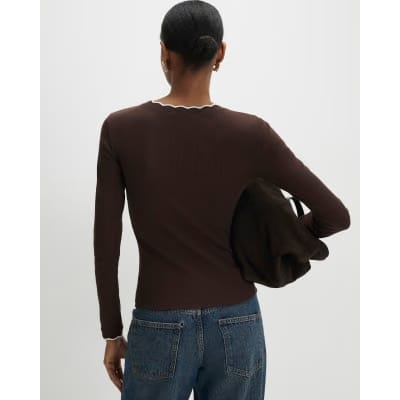 Brown Long Sleeve Scallop Trim Button Top