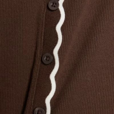 Brown Long Sleeve Scallop Trim Button Top