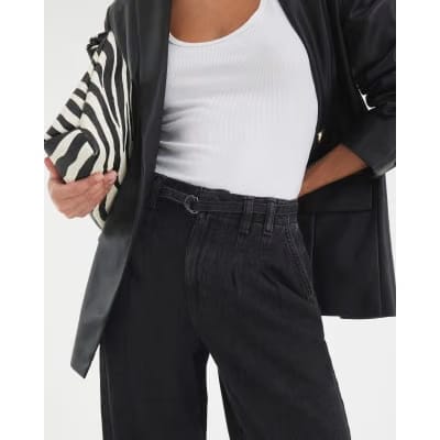 Black Mid Rise Wide Leg Tie Front Jeans