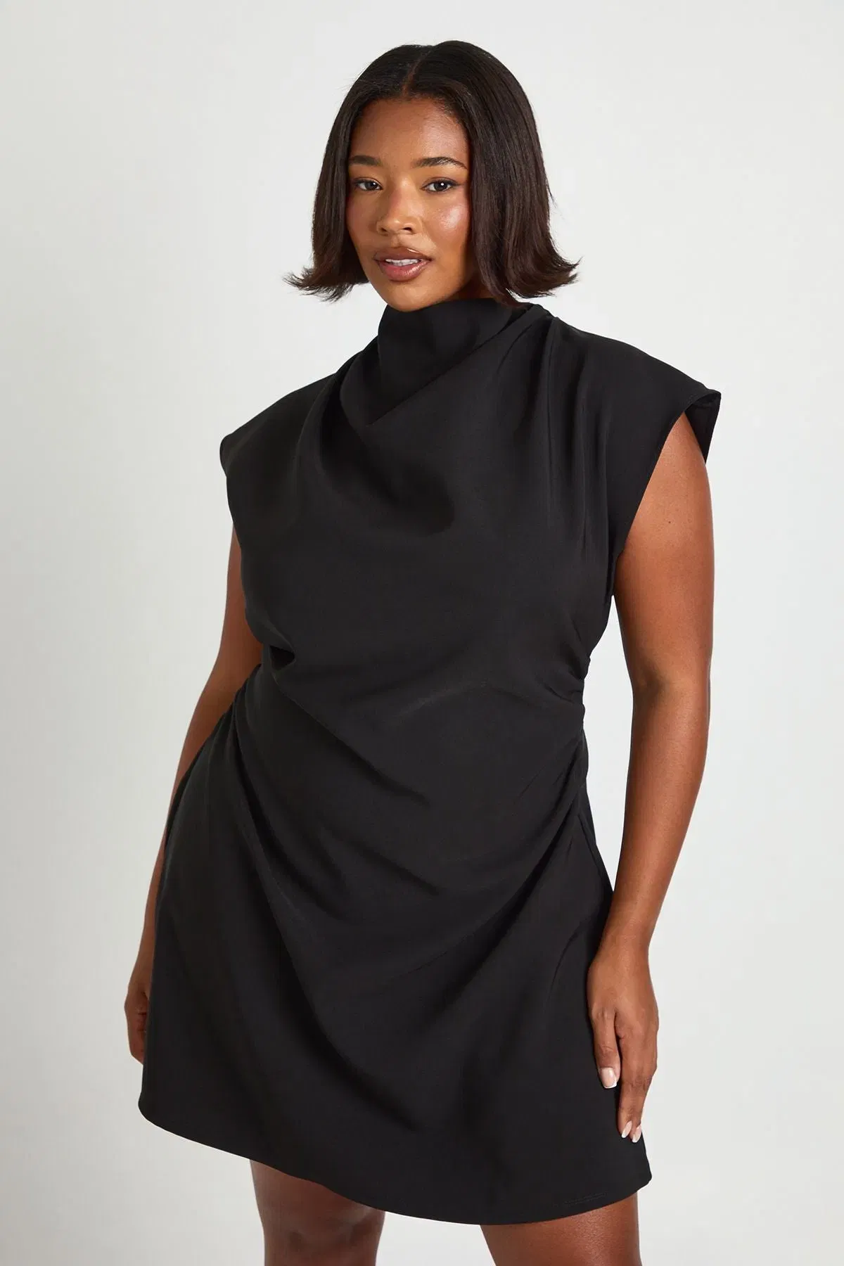 Plus Asymmetric Ruched Cap Sleeve Shift Dress