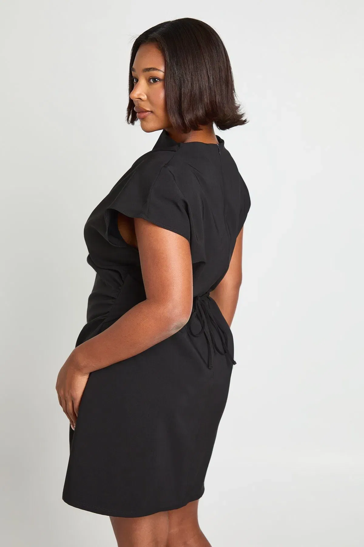 Plus Asymmetric Ruched Cap Sleeve Shift Dress