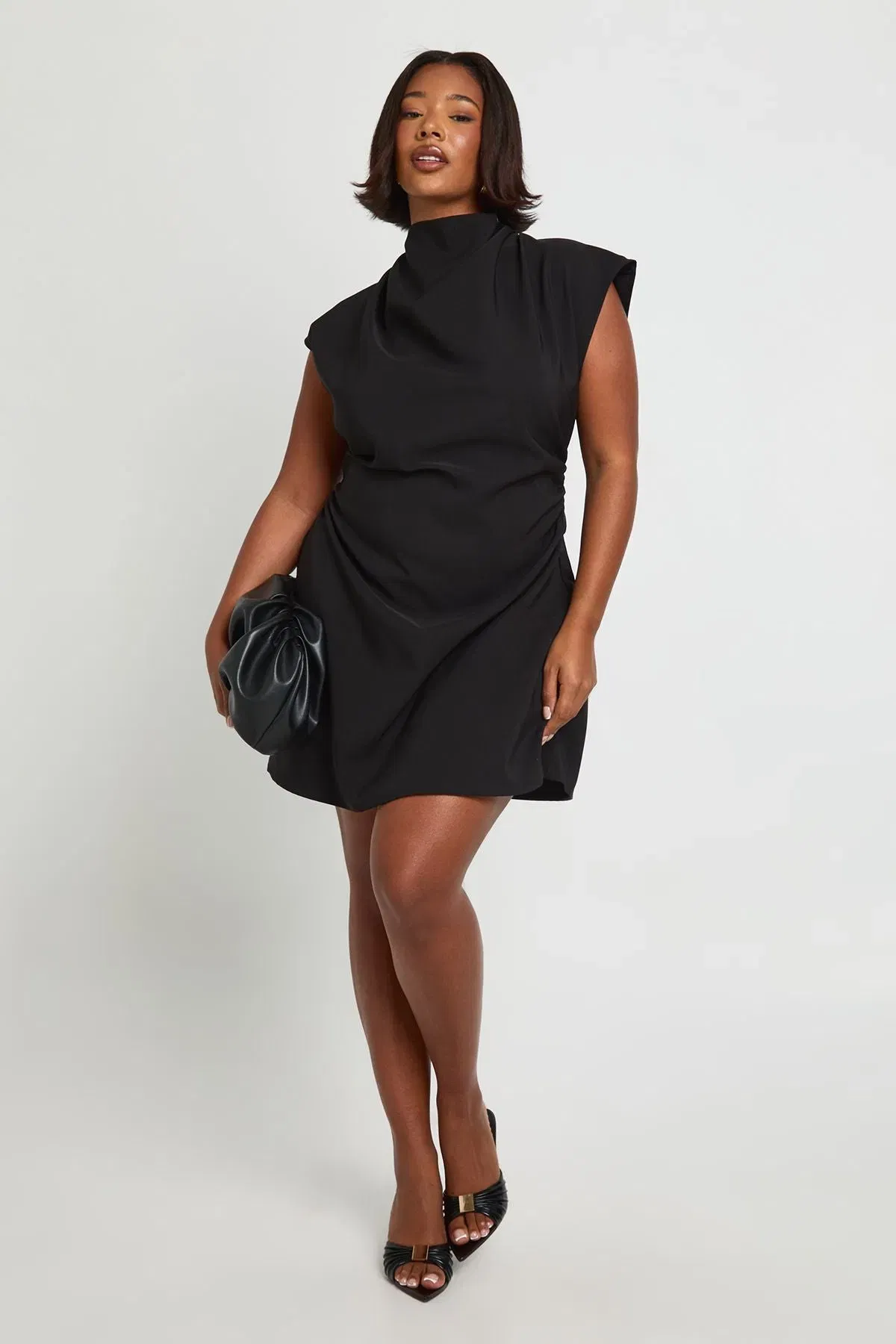 Plus Asymmetric Ruched Cap Sleeve Shift Dress