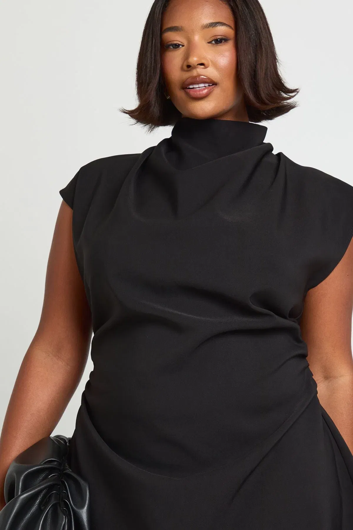Plus Asymmetric Ruched Cap Sleeve Shift Dress
