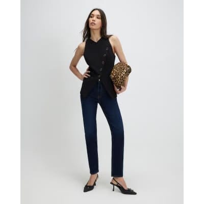 Black Collarless Asymmetric Waistcoat